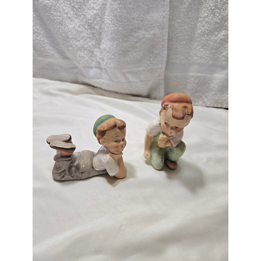 Vintage Maruri Japan Porcelain Boy Figurines Set of 2 Mid Century Hand Painted